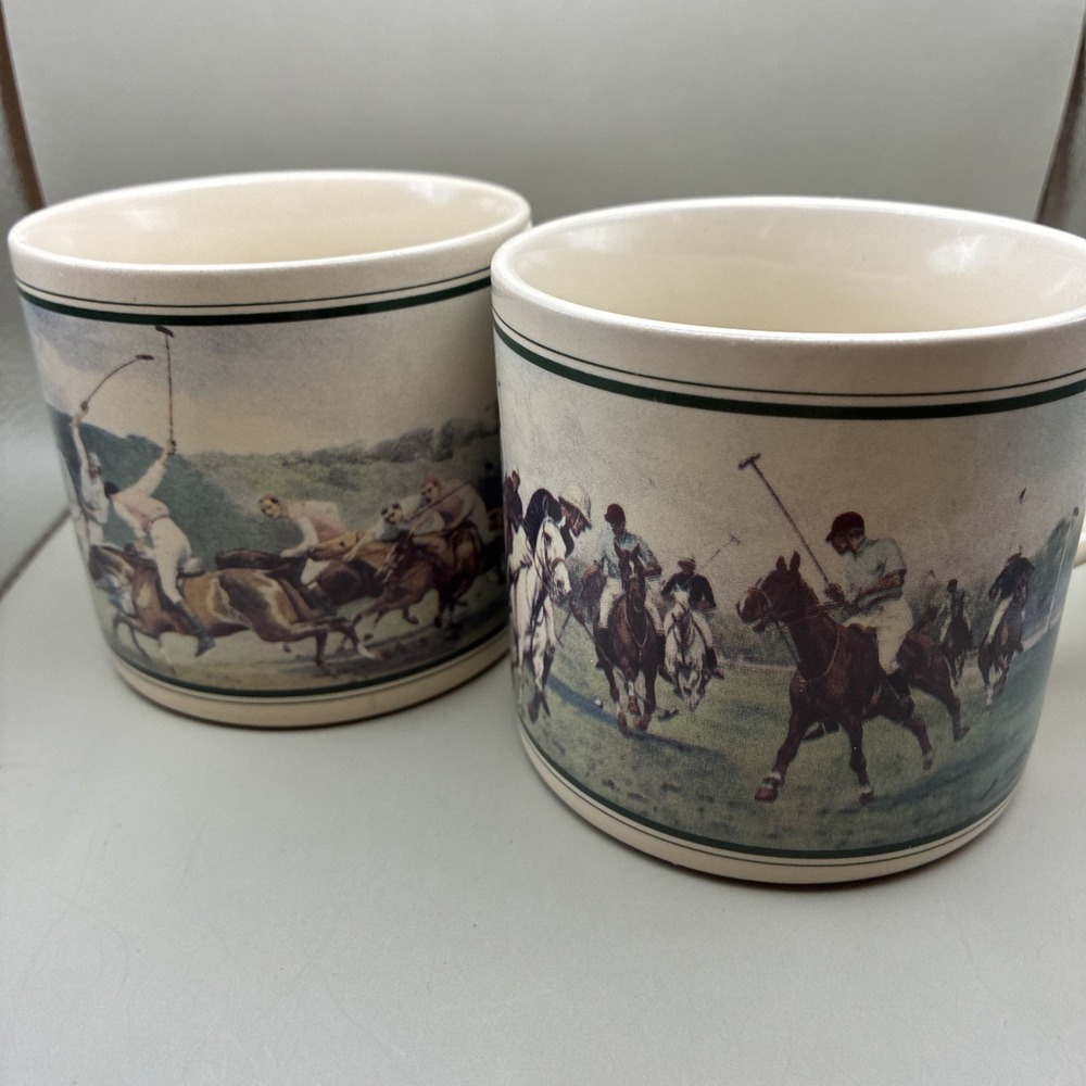 Vintage Equestrian Polo Scene Ceramic Coffee Mugs Set of 2 Cream Green Horse Art